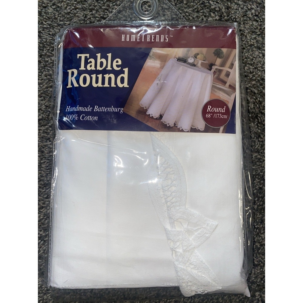 NEW NOS Tablecloth 68" Round Battenburg Lace Trim White Cotton